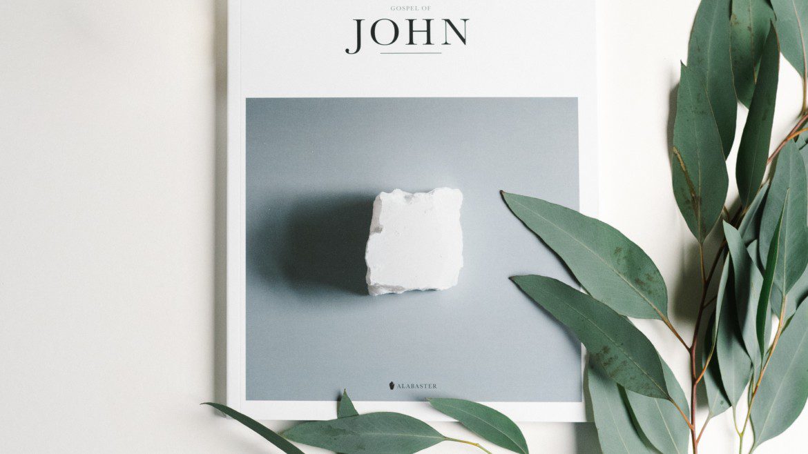 Book of John, Bible with leaves on white background table
